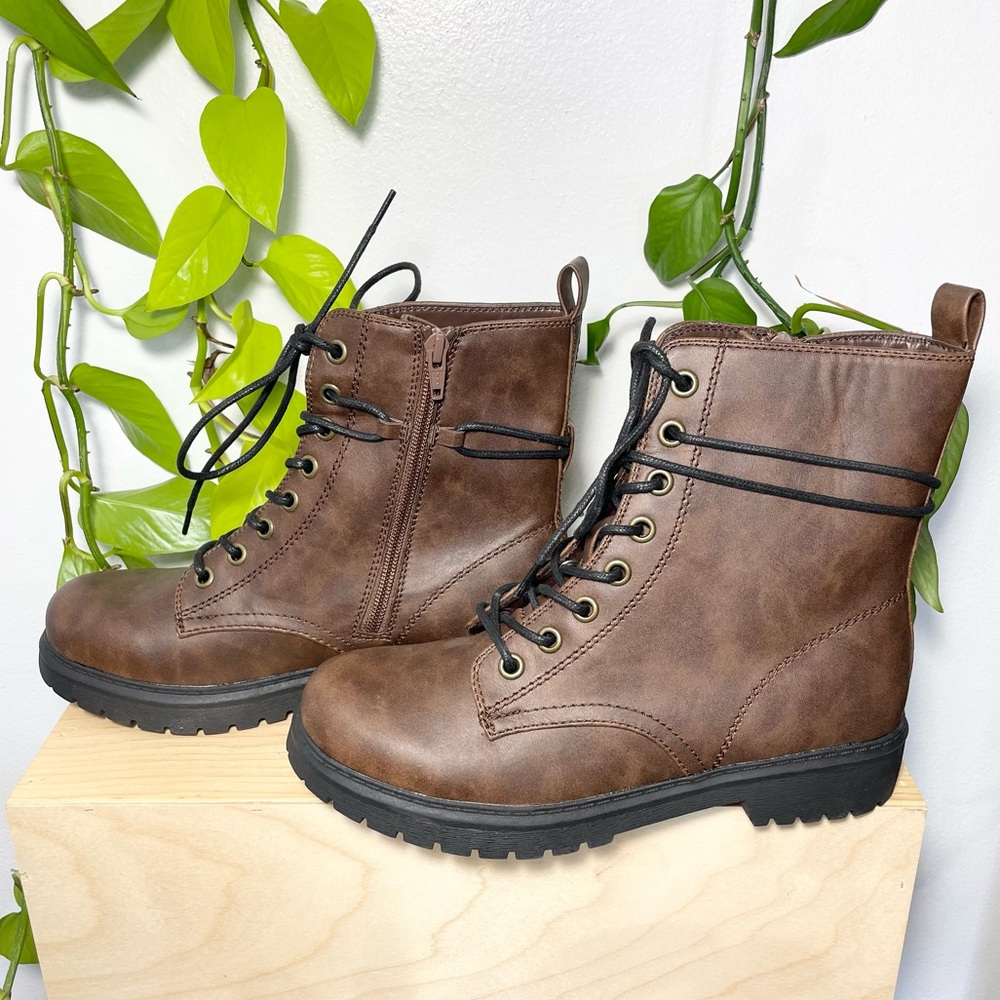 Dark brown and black combat hiking boots